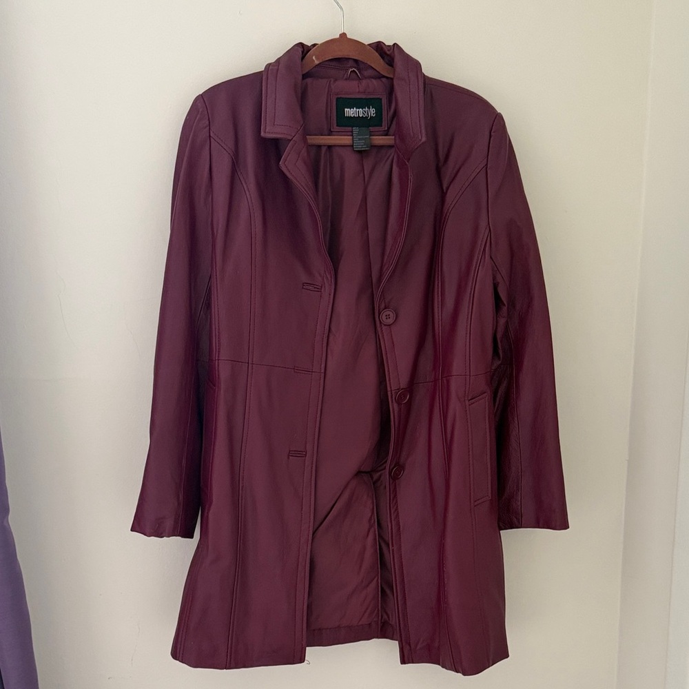 metrostyle Women's Burgundy 100% real Leather Button-Front Jacket